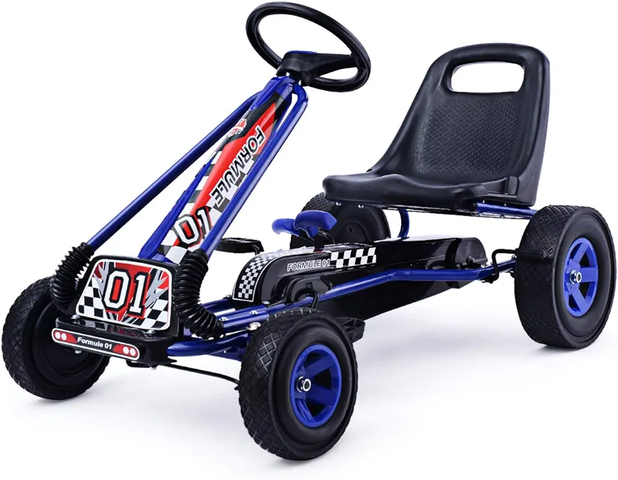 Costzon Go Kart for Kids, 4 Wheel Off-Road Pedal Go Cart w/Adjustable Seat, Steering Wheel, 2 Safety Brakes, EVA Rubber Tires, Ride-On Toys for Boys & Girls, Outdoor Racer Ride On Pedal Car (Blue)