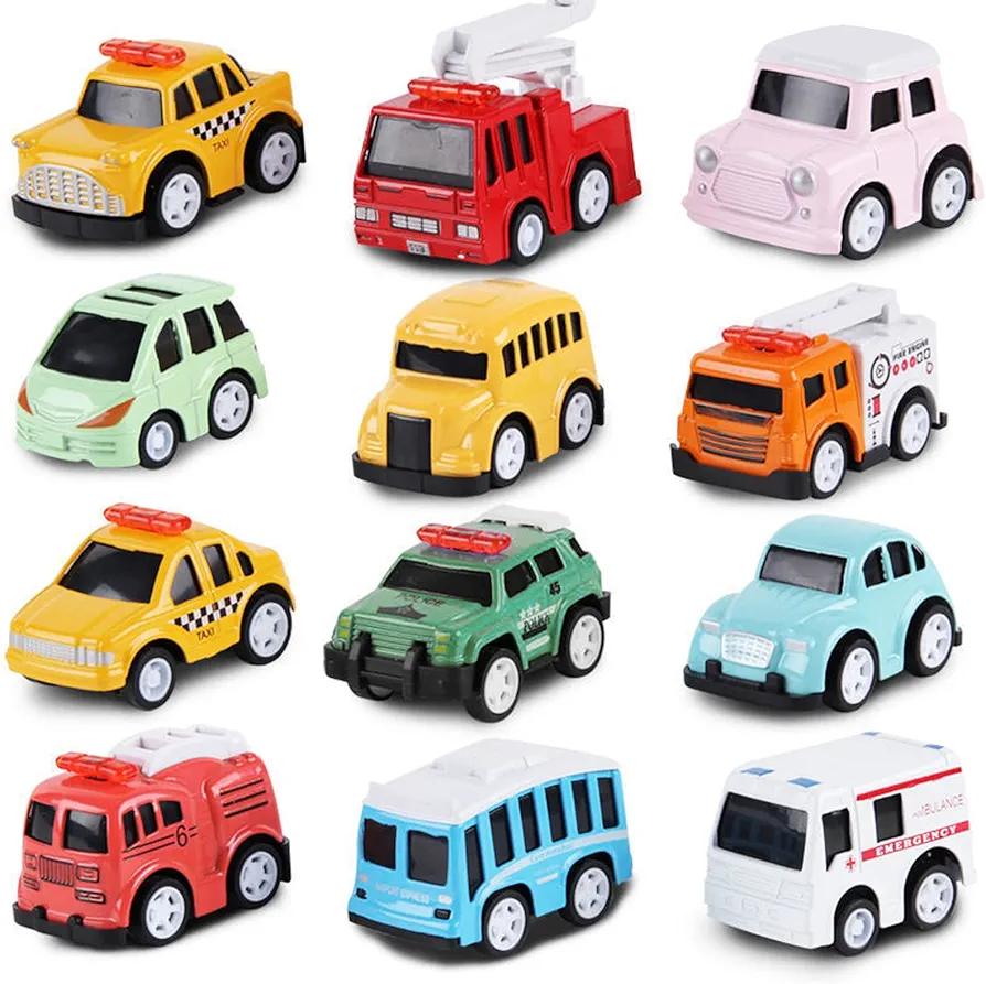 Toddler Cars Toys for Kids Ages 3-5 Boys and Girls, 12-Pack Pull Back Cars Die-Cast Alloy Toy Cars Vehicle Set, Christmas Birthday Gifts Cars for Toddlers 1-3, fire truck toy