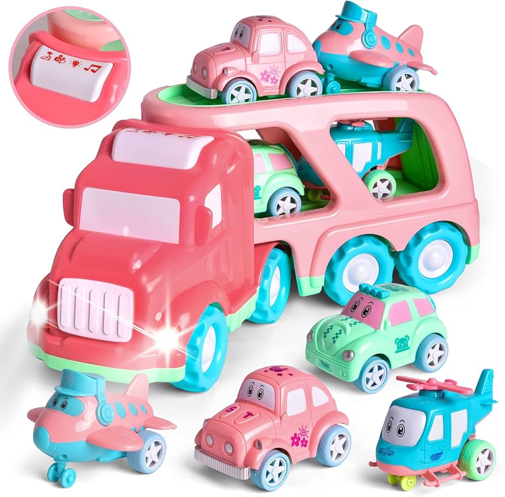 FUN LITTLE TOYS Truck Toys for Kids 2-4, Kids Toys Girls Age 2 3 4 5, Toddler Princess Girl Toys Carrier Truck with Cars and Planes, Toddler Birthday Gifts with Music & Lights for 2 3 4 5 Year GIrls