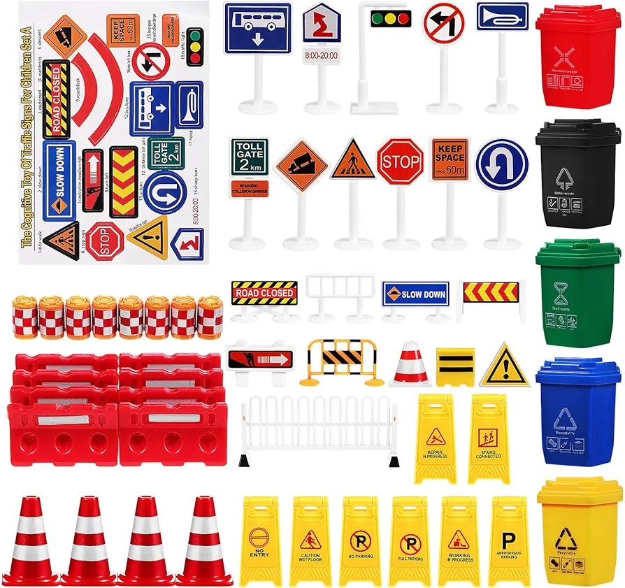 105PCS Traffic Road Signs Street Road Signs Playset Traffic Light Crosswalk Signal Roadblocks Toyset for Safety Education Plaything