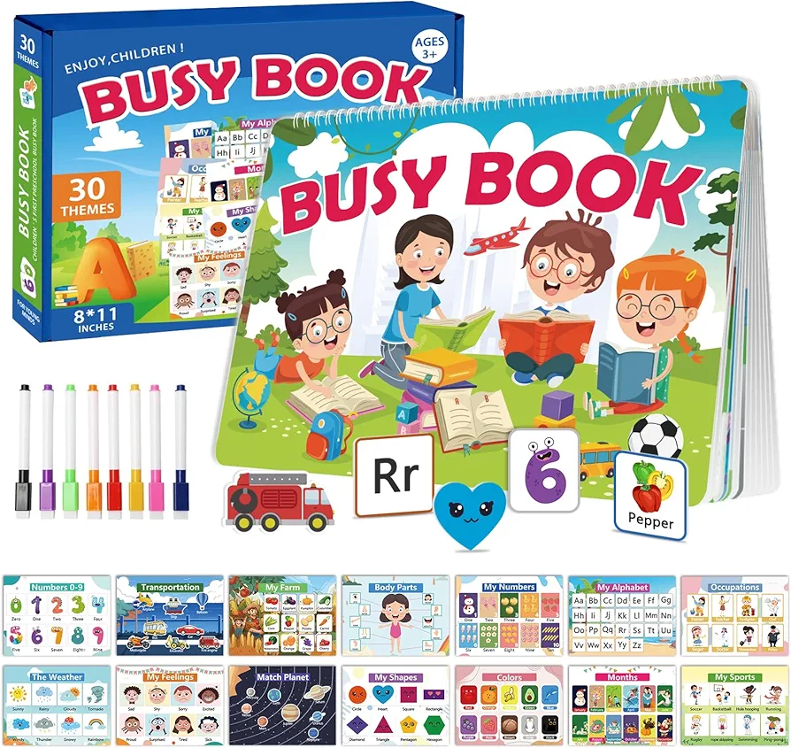 Interactive Toddler Busy Book,Fun Learning Activities for Ages 3 and Up,Montessori Sensory Educational Toy,30 Pages of Preschool Learning and Coloring,Perfect for Boys & Girls