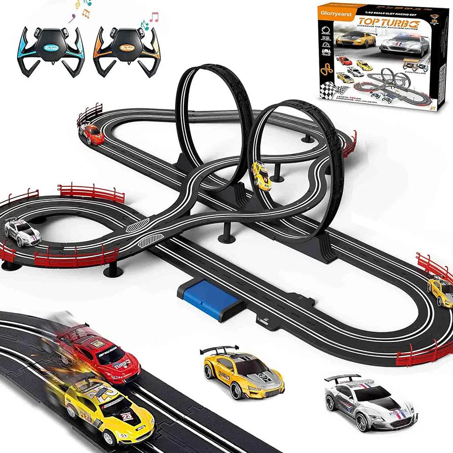 Slot Car Race Track for Boys and Kids 1:43 Scale Electric Powered Dual Racing with 4 Cars with Headlights Toy Big Track Sets Gift for Children 6+ Years Old