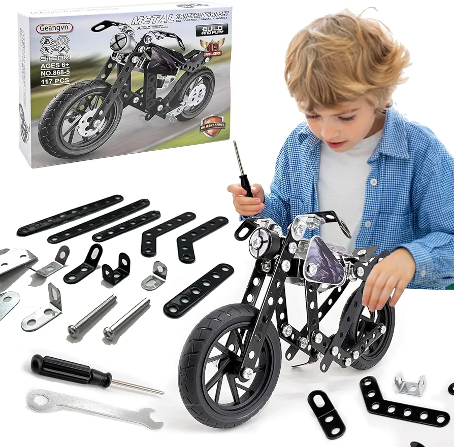 Metal Model Motorcycle Kits - 117 Pcs Erector Sets for Boys Age 8-12, Motobike Building Toys, STEM Kits for Kids Age 8-10, Assembly Car Project for 14 and Up, Gifts for 15 16 Year Old Boys and Adults