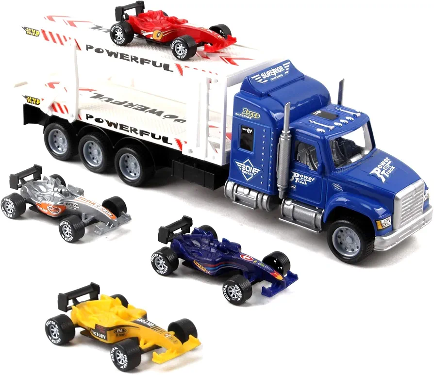 Friction Powered Toy Semi Truck Trailer 14.5" With Four Formula 1 Race Cars Kids Push And Go Big Rig Carrier 1:32 Scale Auto Transporter Semi-Truck Play Vehicle Great Gift For Children Boy Girl