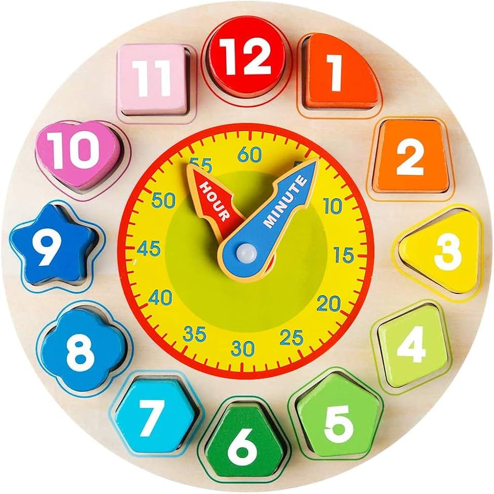 Skrtuan Wooden Shape Color Sorting Clock- Teaching Time Number Blocks Clock Shape Sorting Puzzle Montessori Early Learning Educational Toy Gift for 1 2 3 Year Old Toddler Baby Kids