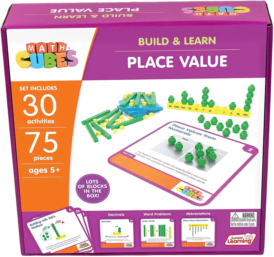 Junior Learning: Mathcubes - Place Values - 30 Activity Set, Build & Learn, Blocks & Boards Hands On Math, Developmental & Education Set, Kids Ages 4+