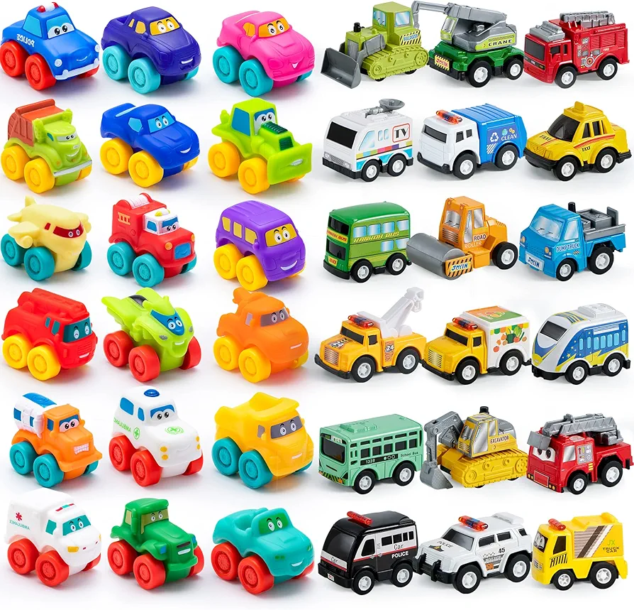 JOYIN 18 Pcs Pull Back Cars Set and 18 Pcs Soft Rubber Toy Car Set, Mini Toy Vehicles，Car for Toddlers, Party Favors for Kids