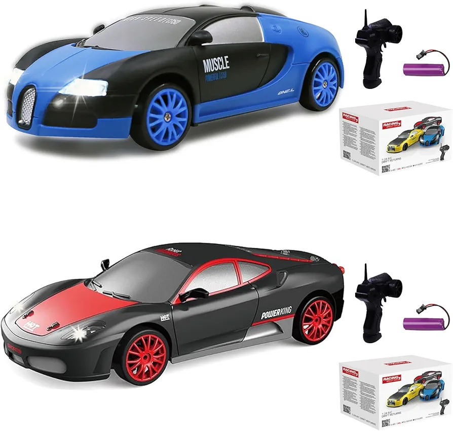 2PCS RC Drift Car 2.4GHz 1:24 Scale 4WD High Speed Remote Control Cars Vehicle with LED Lights Batteries and Drifting Tires Racing Sport Toy Cars for Adults Boys Girls Kids Gift