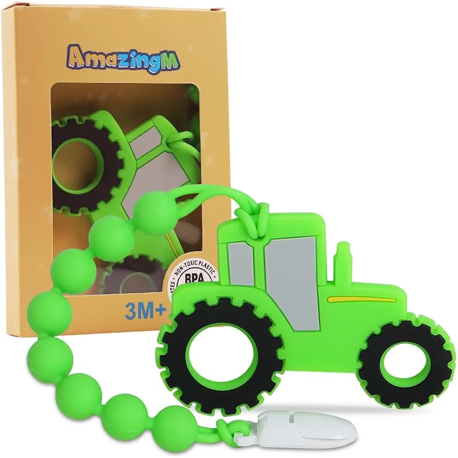 Baby Food Grade Silicone Tractor Truck Teether Toy with One Piece Design Pacifier Clip Holder,Teething Pain Relief Toys Gift Set for 3 Months+ Boys and Girls,Freezer Safe,BPA Free. (Green)