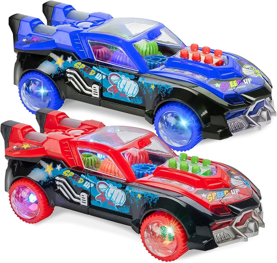 Light Up Transparent Race Car Toy for Toddlers Bump and Go Toy Car Visible Colorful Moving Gear System with Music and LED Effects - Fun Educational Toy for Kids - Great Birthday Gift Idea