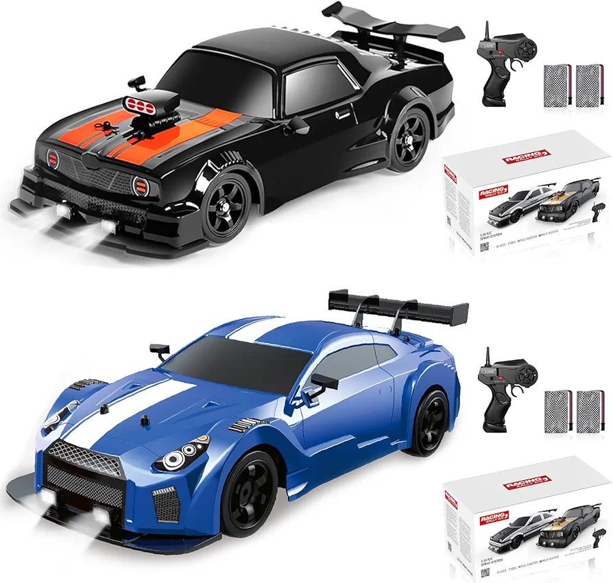 2PCS Remote Control Car RC Drift Car 1:16 Scale 4WD 18KM/H High Speed Model Vehicle 2.4GHz with LED Lights Spray Rubber Tire Racing Sport Toy Car for Adults Boys Girls Kids Gift 2Pcs Rechargeable Batt