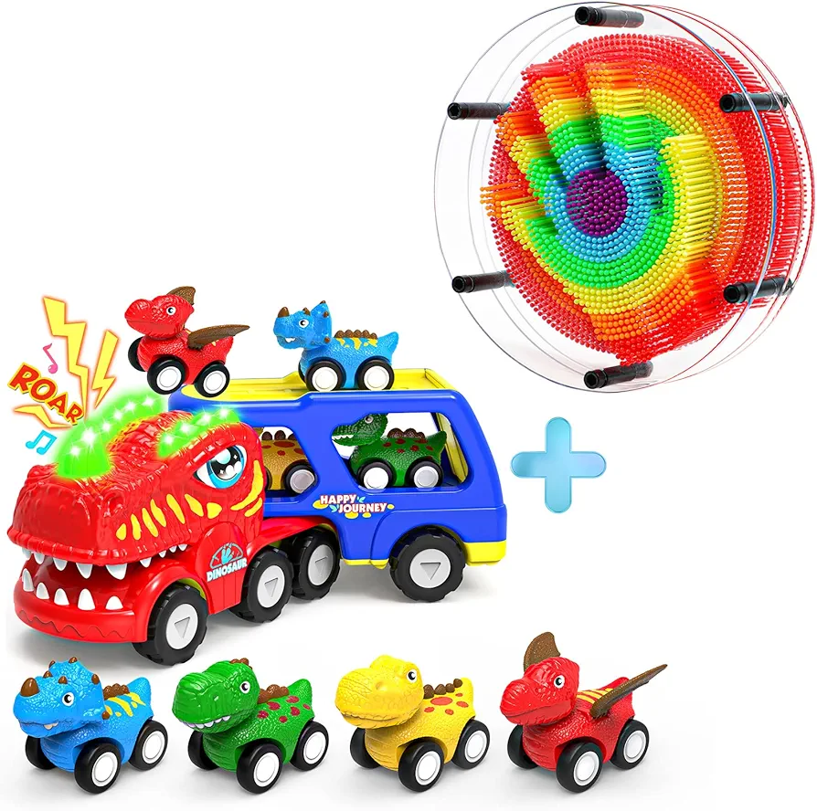 Multicolor 3D Pin Art Sensory Toy and 5 in 1 Friction Powered Dinosaur Toy Trucks with Flashing Light & Sound Bundle, Toddler Toys with 4 Dino Toy Cars for 1 2 3 4 5 6 7 8 Year Old Kid Boys Girls