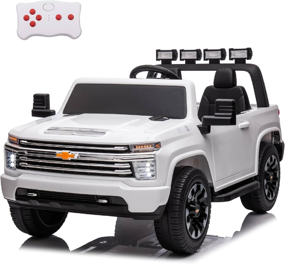 POSTACK Kids 24V 7Ah Kids Ride On Toy Car Chevrolet Official License 2 Seats Ride On Truck with Remote Control, LED Lights and Bluetooth Music Play Children Gifts for Girls and Boys Toy White