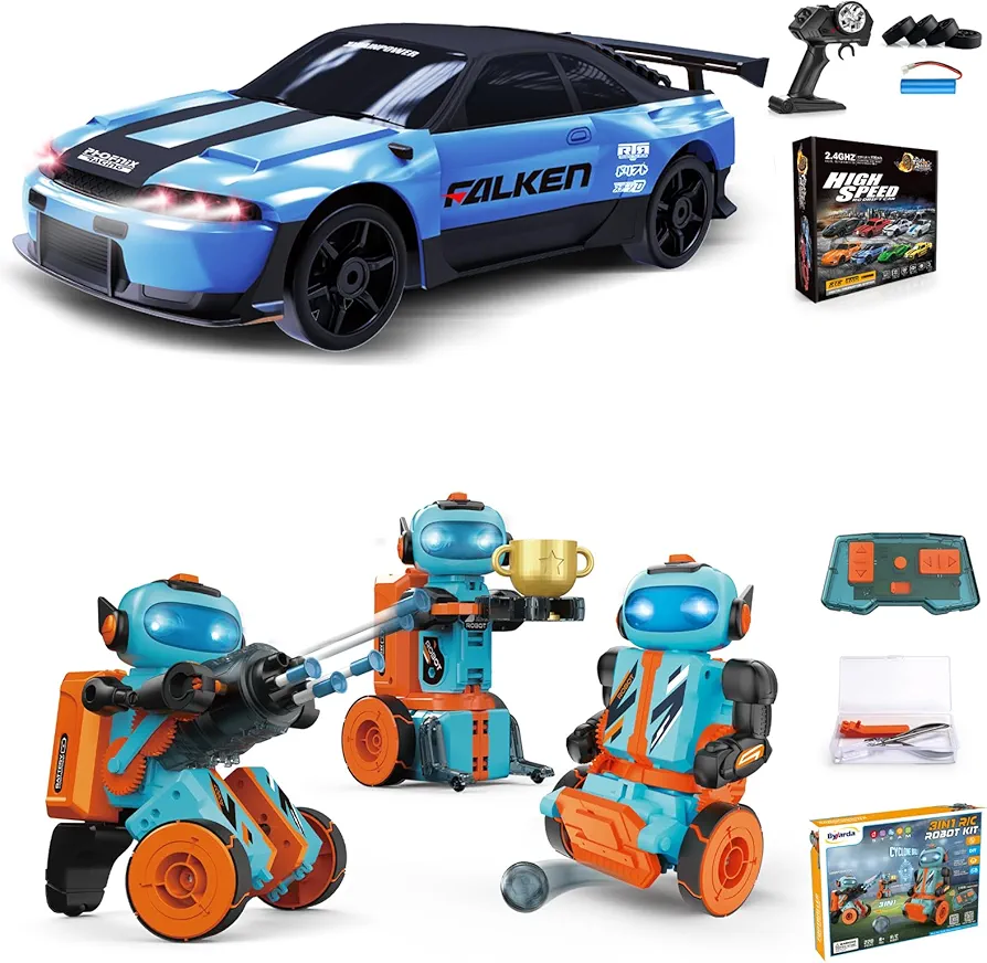 2 PCS RC Drift Car and STEM Robot Building Kit 1:24 Remote Control Car and 3-in-1 Remote Control Robot Educational Set for Kids Boys Girls Adults Gifts Birthday Christmas Rechargeable Batteries