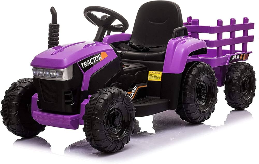 TOBBI Kids Electric Ride On Toy Tractor, 12v Battery-Powered 4 Wheels Ride On Car with Trailer, 35W Dual Motors/3-Gear-Shift/LED Lights/USB Audio Functions for Toddlers 3-6 Years-Dark Green-Purple