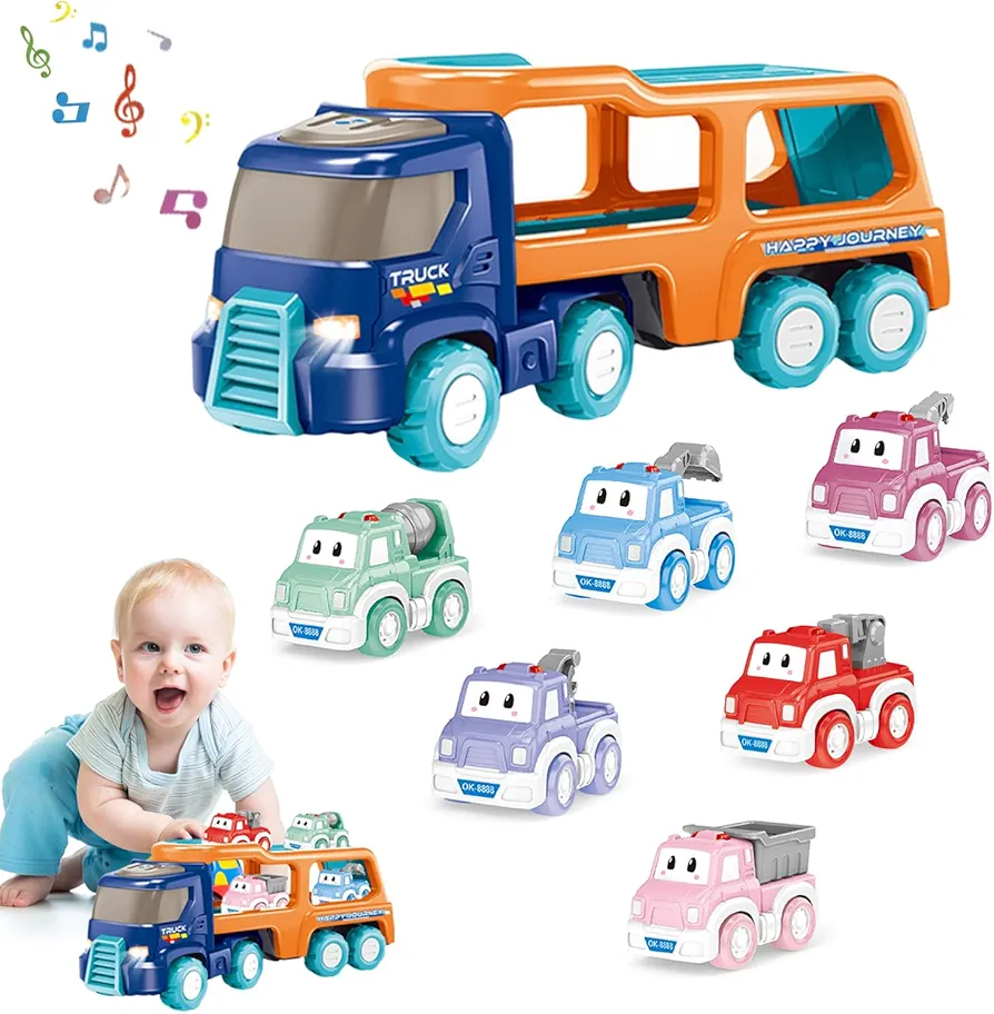 Toys for 1 Year Old Boy, One Year Old Boy Birthday Gift, Toy Cars for Toddlers 1-3, Friction Power Toy Cars with Light & Sound, 7-in-1 Carrier Truck for Toddler Toys 2-3