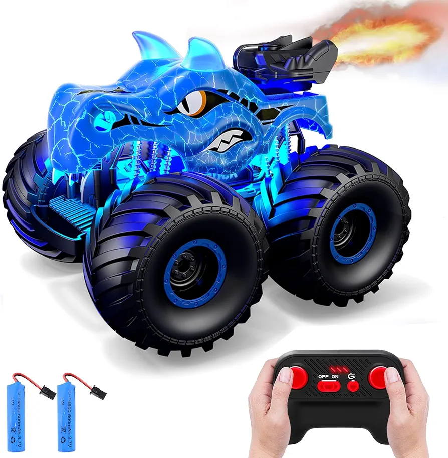 Remote Control Car for Boys 4-7, 2.4Ghz Monster Trucks for Boys, Electric RC Car Toys with Light & Sound Spray with 2 Batteries,Dinosaur Toy for 5 6 7 8 9 10 11 12 Year Old Gifts Ideas for Boys Girls