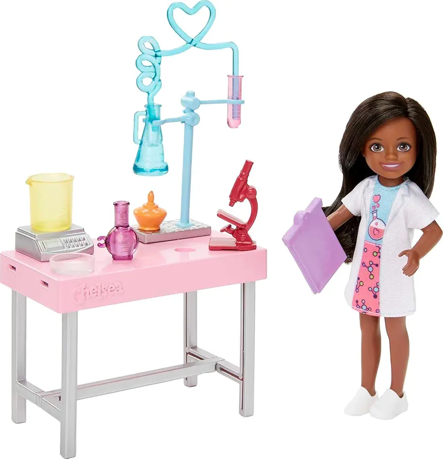 Barbie Chelsea Can Be Doll & Playset, Brunette Scientist Small Doll with Toy Chemistry Lab Table & STEM-Themed Accessories