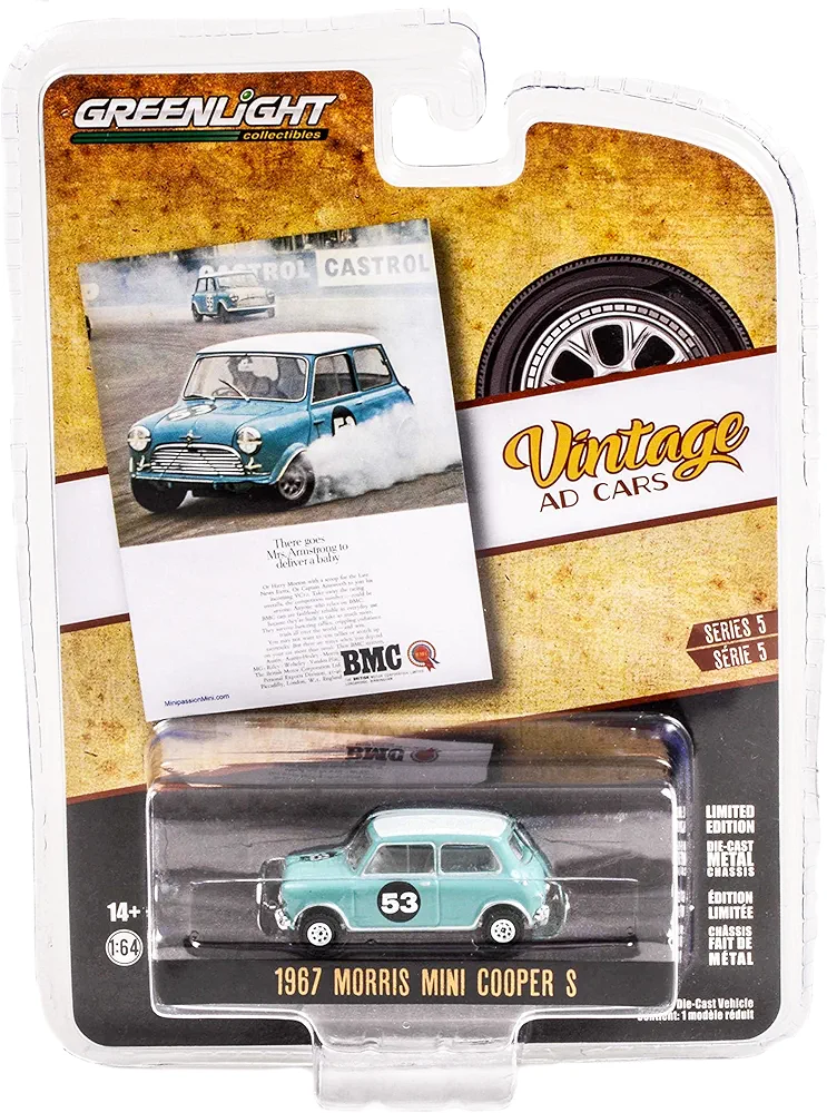 1967 Morris S #53 Baby Blue w/ White Top There Goes Mrs. Armstrong to Deliver a Baby Vintage Ad Cars 1/64 Diecast Model Car by Greenlight 39080 B