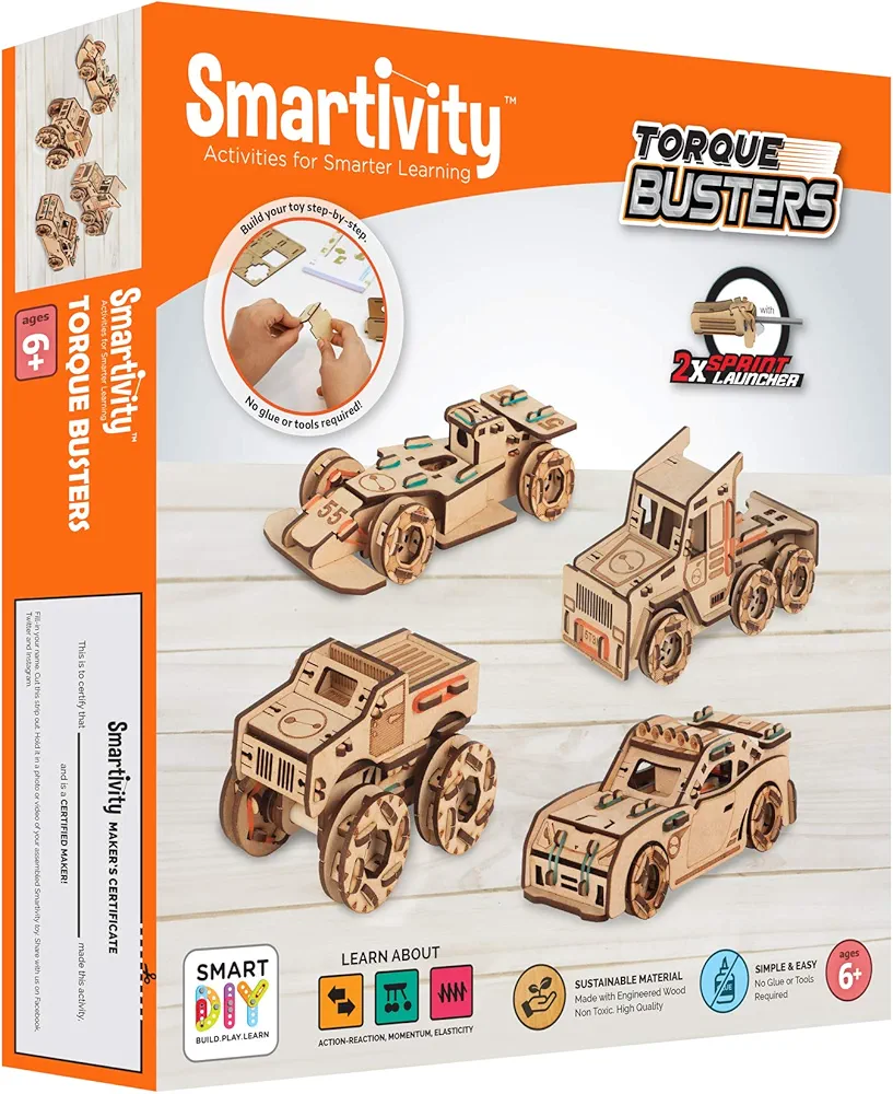 Smartivity Torque Busters 3D Wooden Car Engineering STEM Toy Building Set for Kids Ages 6 and Up, Includes Rubber Bands, Engineered Wood Components, Instruction Manual, Learner's Log