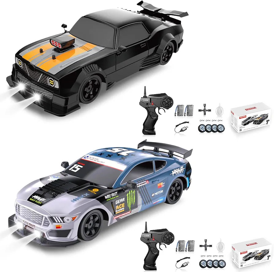 2PCS RC Drift Cars 2.4GHz 1:16 Scale 4WD High Speed Remote Control Cars with LED Lights Two Batteries and Drifting Tires Racing Sport Toy Cars for Adults Boys Girls Kids Gift