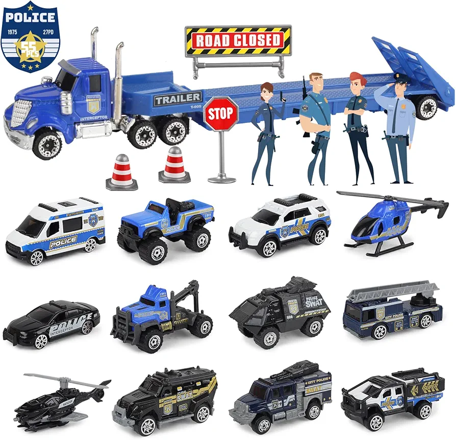 Oriate Die-cast Police Rescue City S.W.A.T. Car Toys Set w/Heavy Duty Trailer & Police Patrol Cartoon Stickers, 12 Packs Mini Police Vehicles 1/64 Scale, for Boys Girls Birthday Holiday