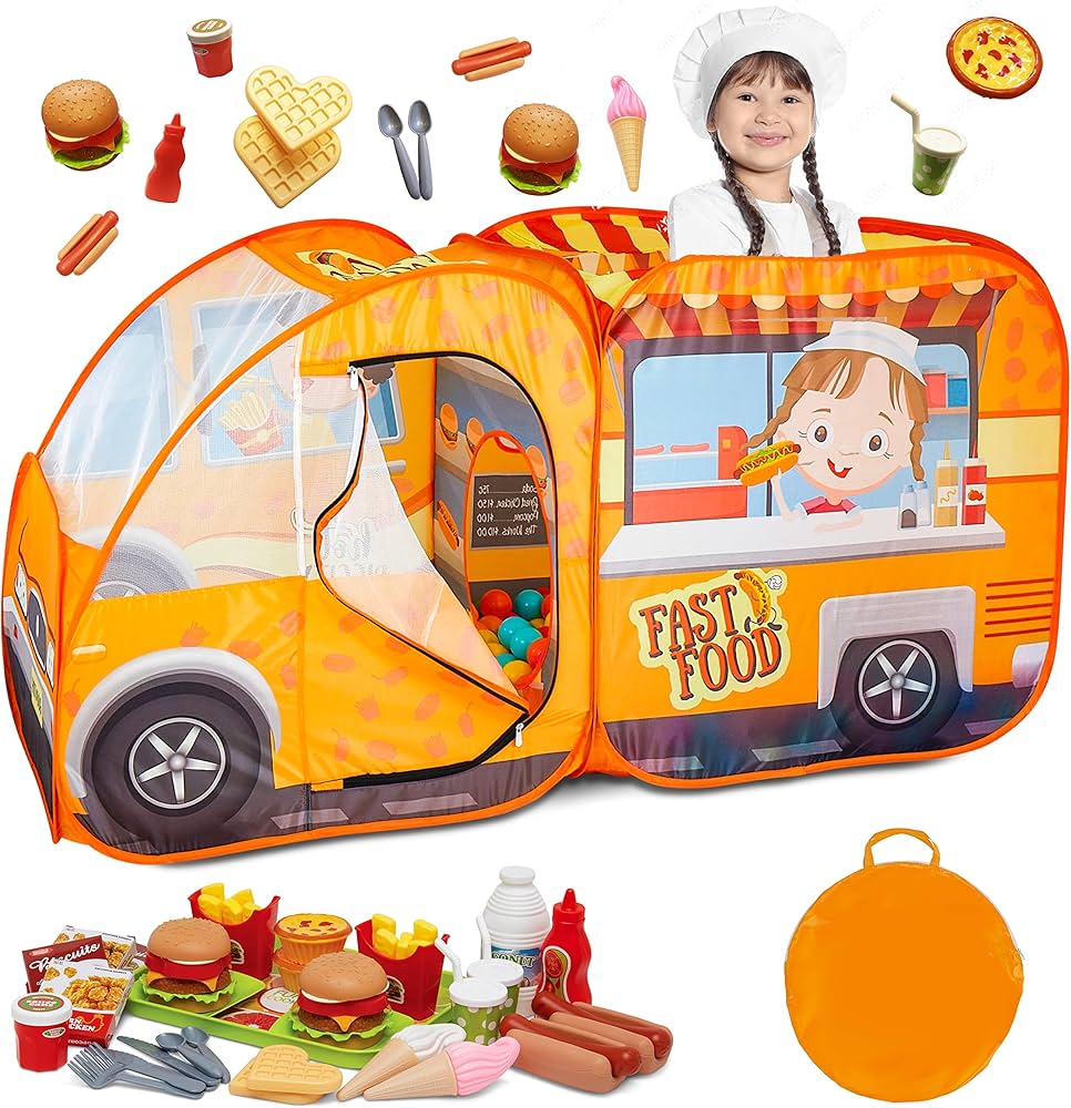 Kiddzery Food Truck Play Tent - 54 Pc. Food Set Pop Up Playhouse - Pretend Play Toys for Toddlers - Ball Pit Playset - Indoor & Outdoor Toy Tents for Kids - Trucks for Boys & Girls