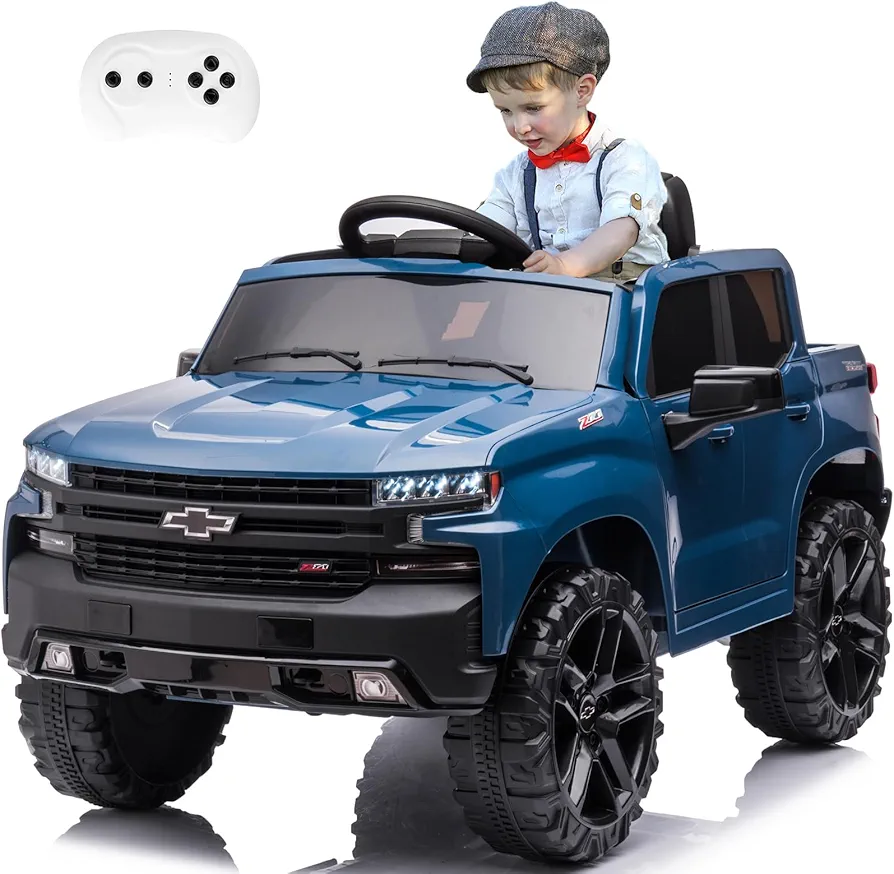 Kids Ride on Electric Vehicles Truck Car 12V Battery 4 Power Wheel Toy Cars for Age 1-3-5-8 Baby Toddler to Drive with Remote Control Chevrolet Silverado Pickup Kid Car for Boys Girls (Blue)