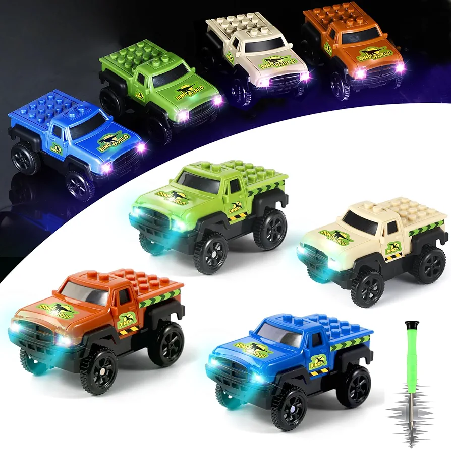 Tracks Cars only Replacement,Track Cars for Tracks Glow in The Dark, Car Tracks Accessories with 3 Flashing LED Lights, Compatible with Most Car Tracks for Kids Boys(4pack)