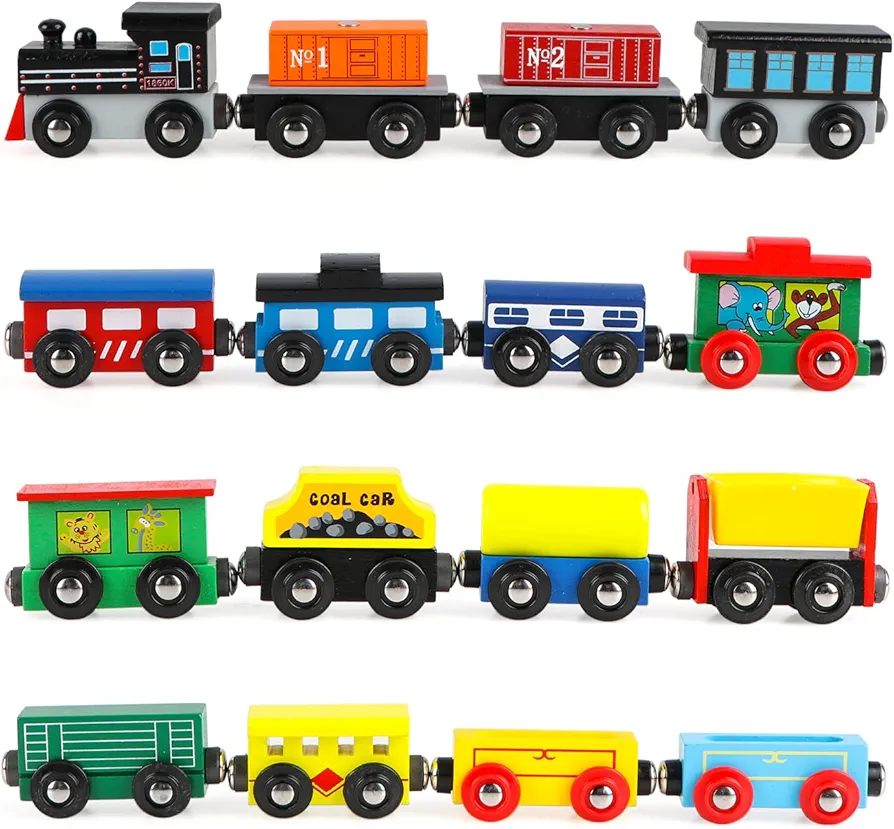 Wondertoys Wooden Train Set 16 PCS Train Toys Magnetic Set includes Storage Bag - Wooden Train Track Accessories - Wooden Magnetic Train Set for Toddlers Kids Boys and Girls