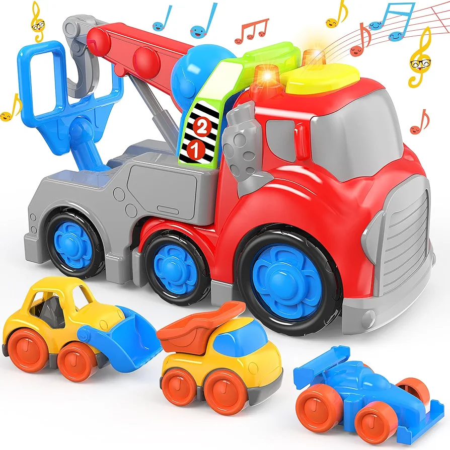 Toy Trucks Car for 1 2 3 4 5 Year Old Toddlers Boys, 4 in 1 Tow Truck Car Construction Vehicles Toys for Kids Boys Girls Toddlers, Car Truck Toys with Light Sound for Toddlers Christmas Birthday Gifts