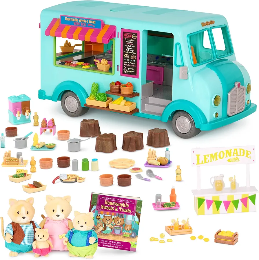 Li’l Woodzeez – Honeysuckle Sweet & Treats Playset – 107 Pcs Food Truck & Pretend Play Food – Cat Family with Storybook Included – Doll Playset with Furnitures for Kids 3 Years +