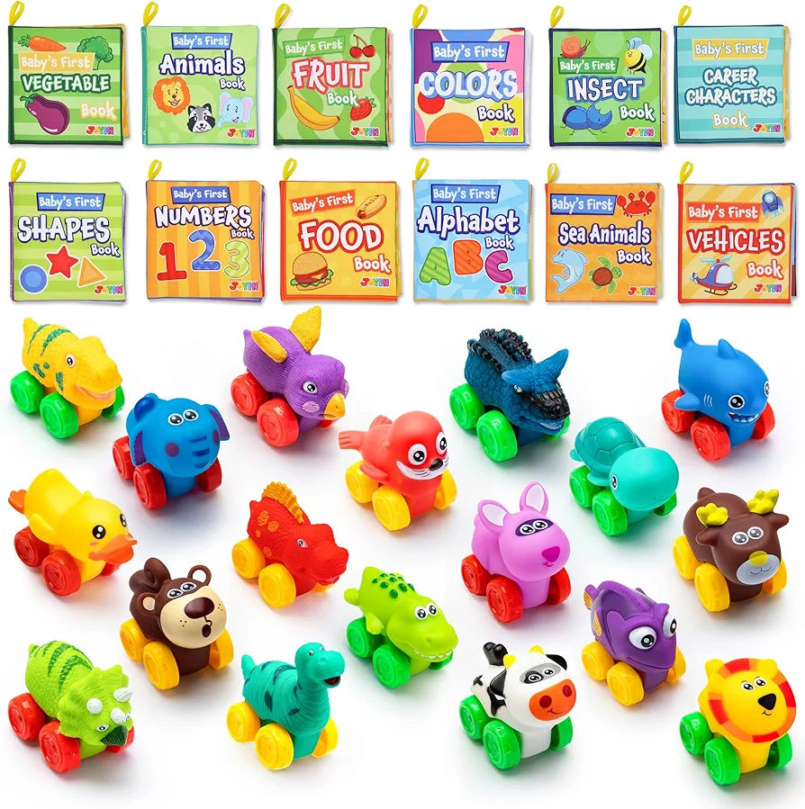 JOYIN 12 Pcs Baby Bath Books with Animal Cars Soft Rubber Car Set Toy, Toys for for Boys and Girls, Babies Christmas Birthday Gift, Summer Beach and Pool Activity, Party Favors for Kids