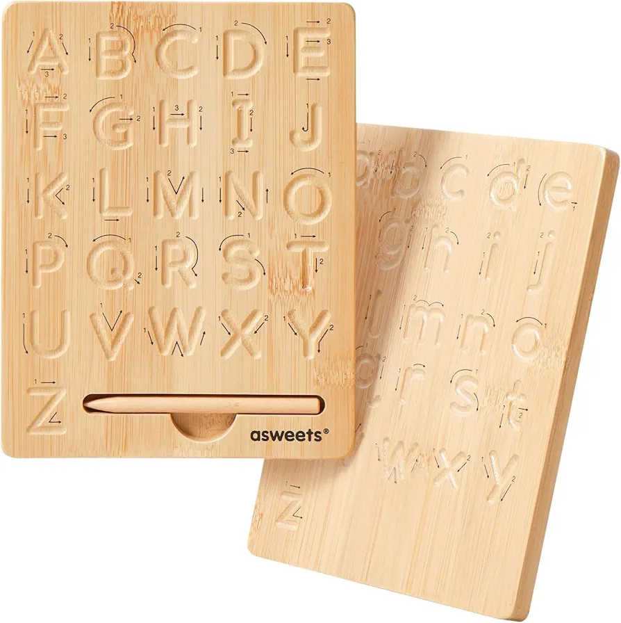 Asweets Montessori Wooden Alphabet Tracing Board,Wood Letter Practicing Board,Double-Sided Boards for Toddlers and Preschool Gifts for Kids(2pieces)