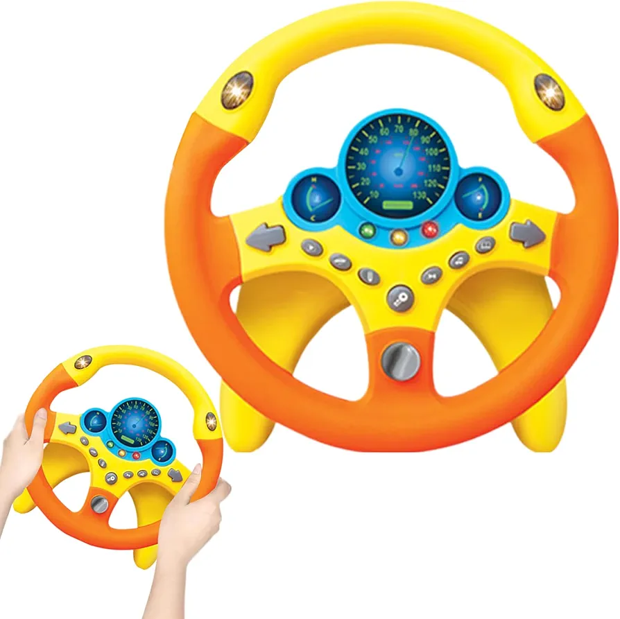 Kids Steering Wheel with Light, 360° Rotating Plastic Toy Steering Wheel, Educational Passenger Steering Whee, Non Slip Detachable, Orange, Baby Doll Car Seat