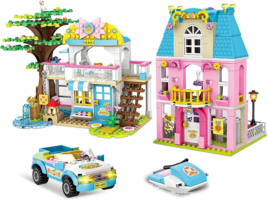 WishaLife Friends Beach House and Pizzeria Building Toy Set, with Open-top Car, Motorboat, Pretend Play Toy Gift for Kids Girls Boys Ages 6+