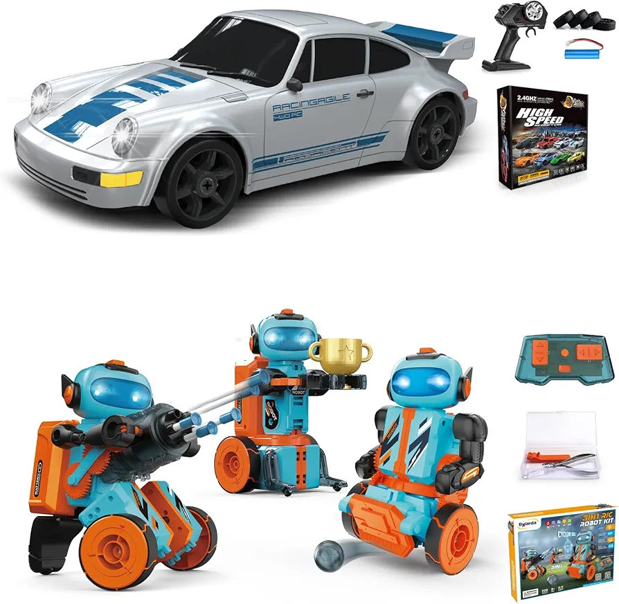 2 PCS RC Drift Car and STEM Robot Building Kit 1:24 Remote Control Car and 3-in-1 Remote Control Robot Educational Set for Kids Boys Girls Adults Gifts Birthday Christmas Rechargeable Batteries