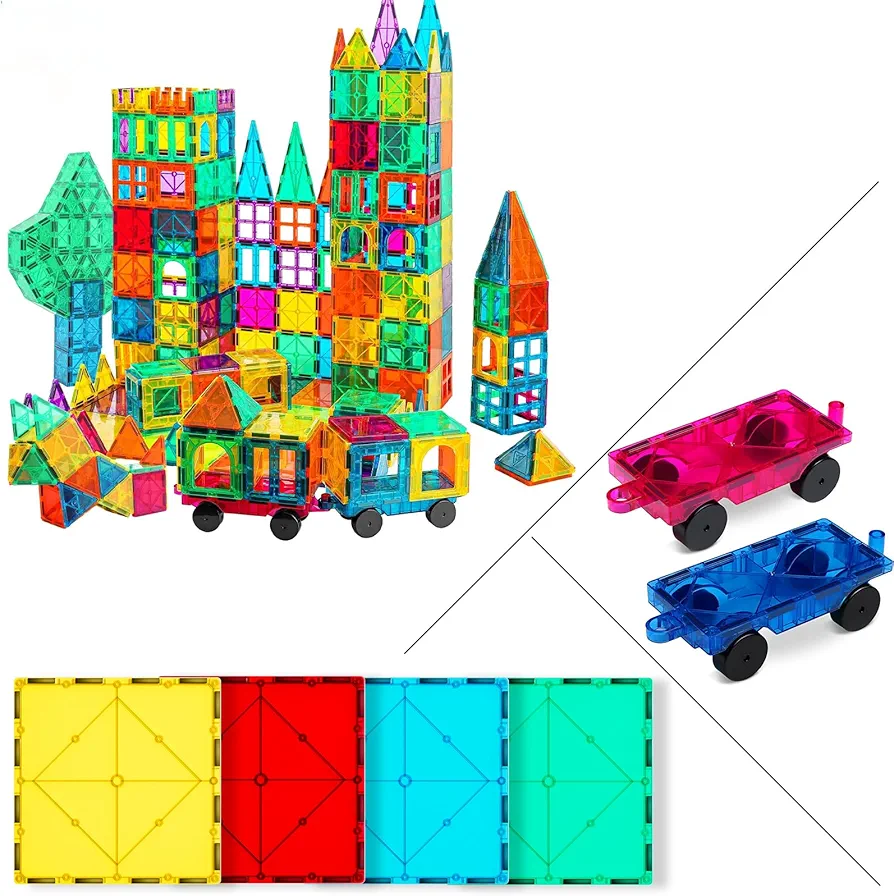 Bmag 130 PCS Magnetic Tiles Plus 4 Large Square Plus 2 Cars