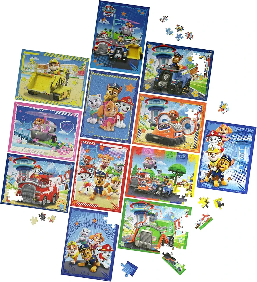 PAW Patrol, 12-Puzzle Pack 24-Piece 48-Piece 100-Piece Kids Puzzles Chase Marshall Skye Everest Rubble Zuma Rocky, for Preschoolers Ages 4 and up