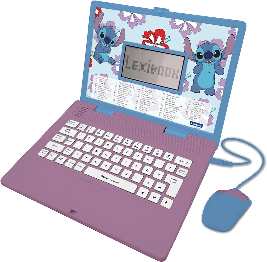 Lexibook, Disney Stitch, Bilingual English/Spanish Educational Laptop, 124 Language Activities, Writing, Math, Logic, Music and Games, Girls, Blue/Purple, One Size (JC598Di2)