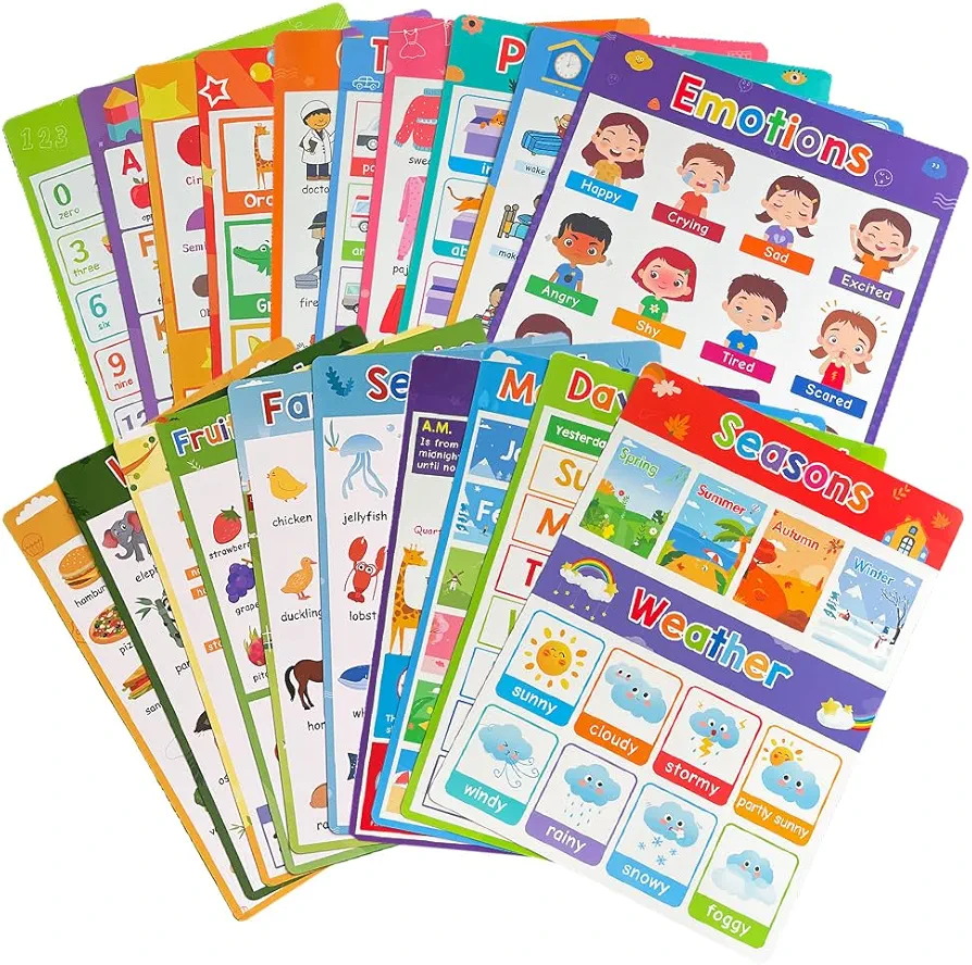 20 Sheets Fun Learning Poster Flash Cards - Perfect for Toddler Education, Pre-K and Kindergarten Learning Activities, Suitable for Autistic Children and Primary School Kids