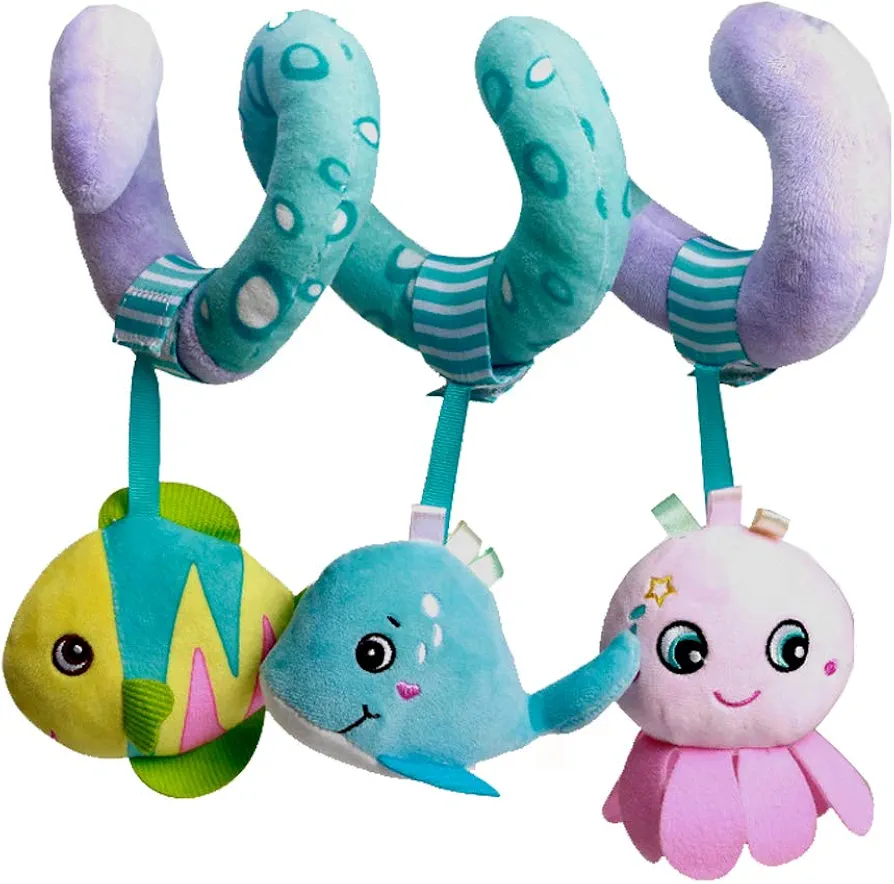 Hanging Toys for Stroller Car Seat Crib Mobile, Infant Baby Spiral Ocean Animal Activity Toys, Baby 0-6-12 Months Toy with BB Squeaker Whale Rattles Octopus