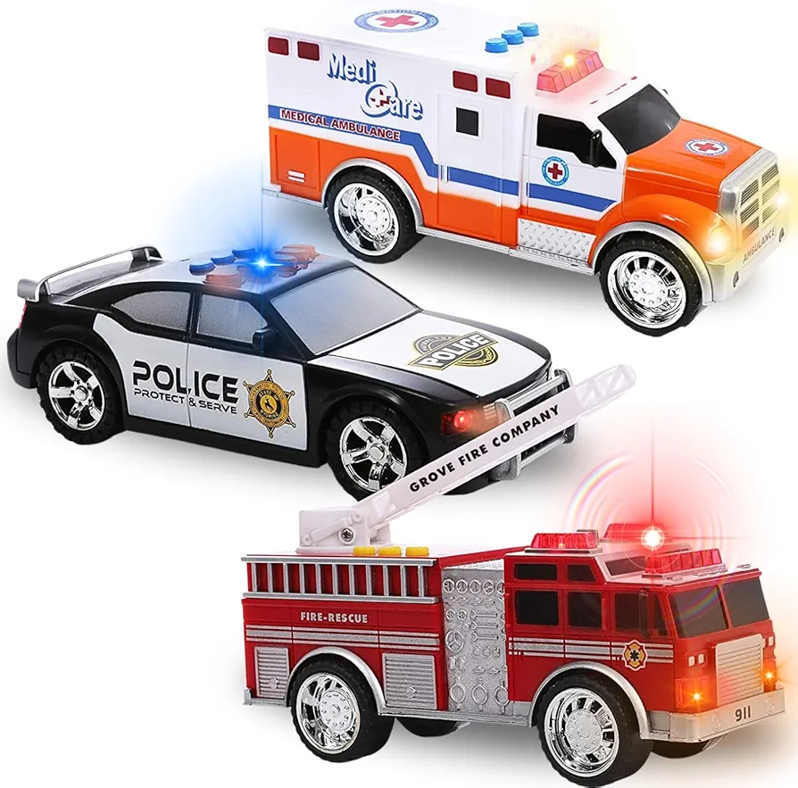 Liberty Imports 3-in-1 True Hero Emergency Rescue Vehicles Kids Toy Cars Playset - Ambulance, Fire Truck and Police Car with 3-Button LED Light and Sound Effects