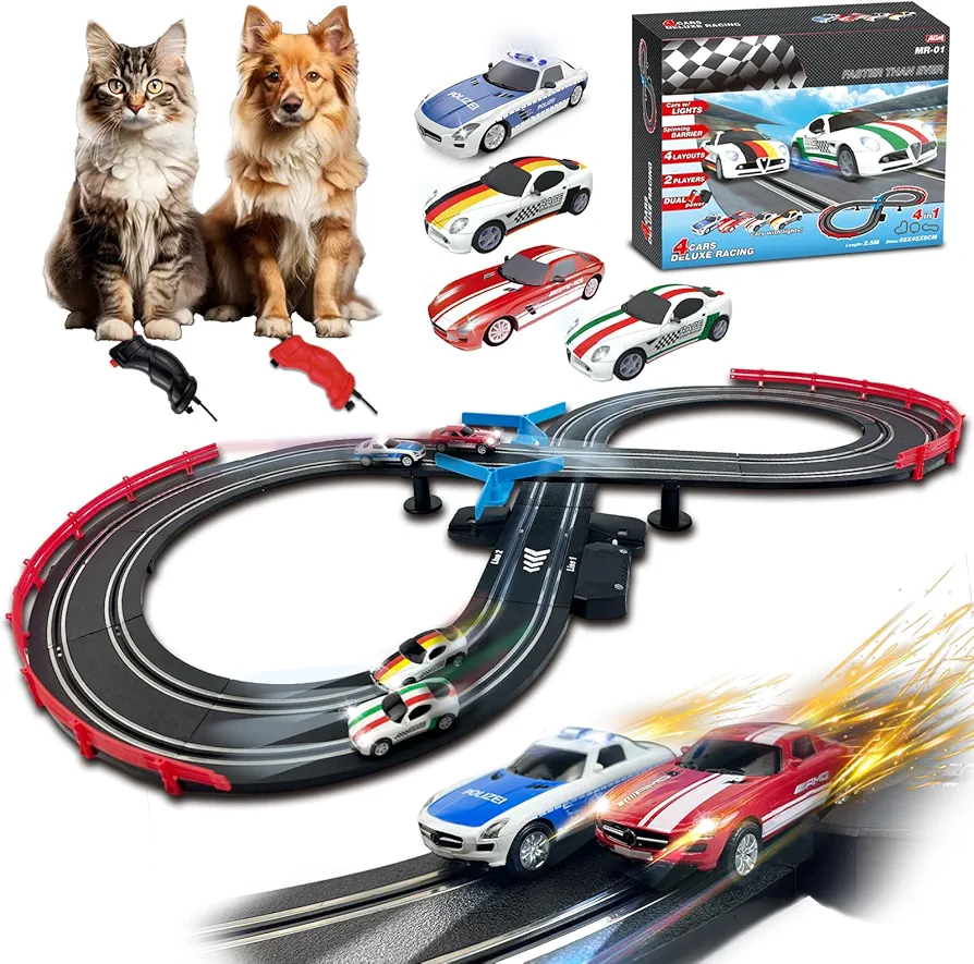 AGM MASTECH Slot Car Race Track Sets with 4 Exquisite Slot Cars, Battery or Electric Car Track, 2 Controllers, Lap Counter, Gift Toys for Boys and Girls Age 4 5 6 7 8-12