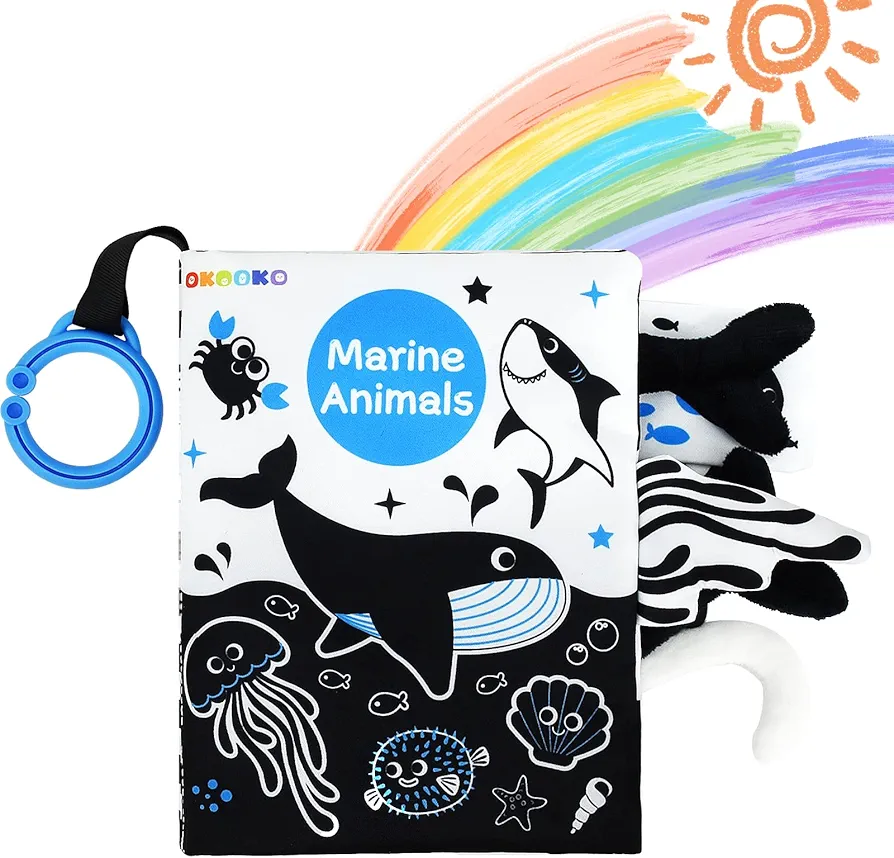 OKOOKO Soft Baby Book Black and White High Contrast Marine Animals Tails Book Bath Book Montessori Sensory Stroller Toy Non-Toxic Crinkle Washable Early Education for Baby Infant Toddler