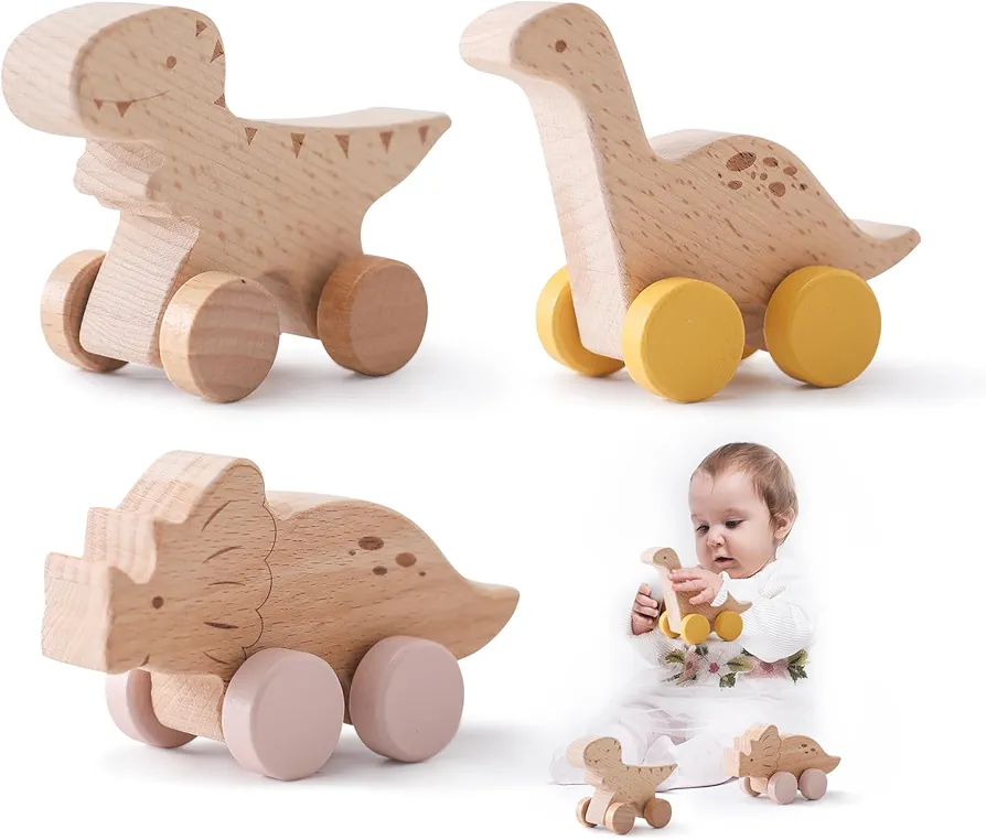 Wooden Dinosaur Cars Montessori Toys for Babies Baby Push Car Toys Wooden Toy Vehicles Development and Infant Grasping Montessori Toys(3PCS)