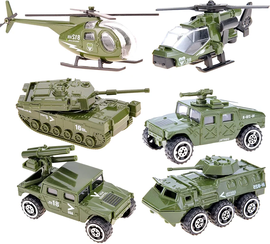 PowerTRC Diecast Military Vehicles, 6 Pack Alloy Metal Vehicles Models Car Toys Army Toys, Tank, Truck, Panzer, Anti Air Vehicle, and Helicopters Playset for Kids Toddlers Boys