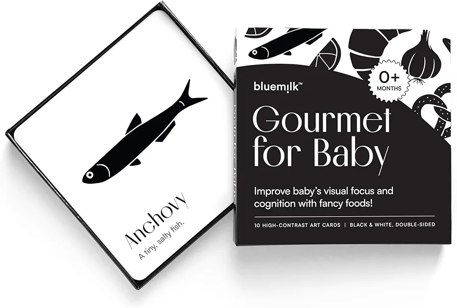 Gourmet for Baby High Contrast Sensory Learning Toy 10 Black & White Flash Cards of Food Shapes. Tummy Time Pillow Games Curious Baby Toys Activity Infant & Newborn Essentials 0+ Months