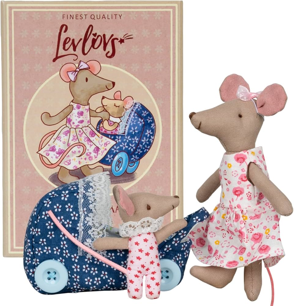 LEVLOVS Christmas Mouse in a Matchbox Toy Baby Registry Gift Toddler Gift Dolls Mom and Baby Mice and a Stroller