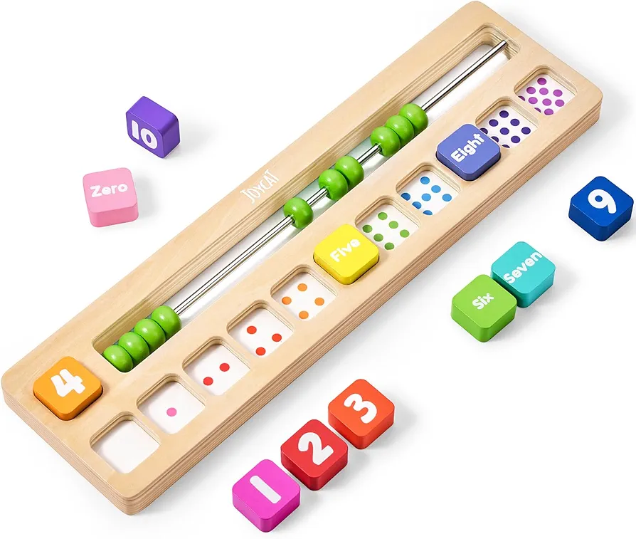 Wooden Number Puzzle with 10 Beads & 11 Number Blocks Montessori Fine Motor Skills Toy for Kids, 0-10 Number Matching & Counting Game Preschool Education Math Learning & Color Sorting Toy